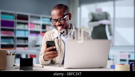 The Professional Designer Portrait: African American Tailor In Fashion Atelier. Stock Photo