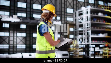 Female Engineer Inspects Rocket At Space Agency Research Center Stock Photo