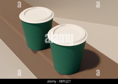 Two green coffee cups on a table, for a cozy gathering. 3d rendering Stock Photo