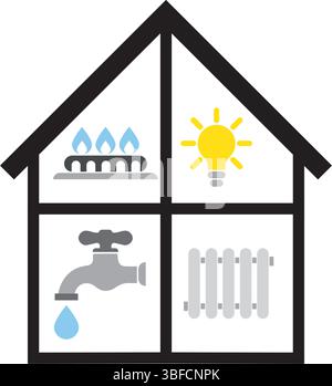 Utility bills icons in flat style in house sign: water, gas, lighting, heating. Set utility payments signs  vector Stock Vector