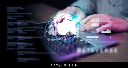 Metaverse and virtual reality technology: a man using his laptop to access an augmented world through VR and AR technology Stock Photo