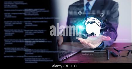 Metaverse and virtual reality technology: a man using his laptop to access an augmented world through VR and AR technology Stock Photo