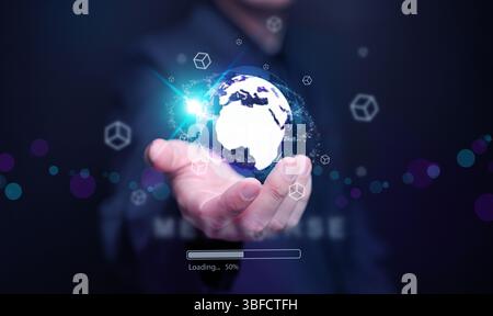 Metaverse and virtual reality technology: a man is accessing an augmented world through VR and AR technology. Stock Photo