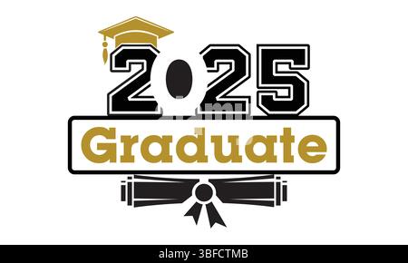 2025 Graduate Typography with Cap and Diploma Illustration Stock Vector