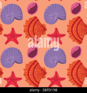 Seamless Pattern with Starfish and Shell Illustrations in Vibrant Hues Stock Vector