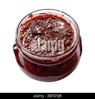 open glass jar with armenian raspberry jam cutout on white background Stock Photo