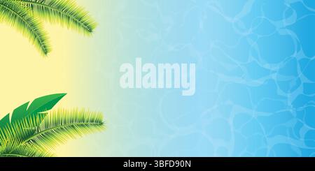 Summer banner design with exotic palm tree leaves ocean blue beach, Summer background Stock Vector