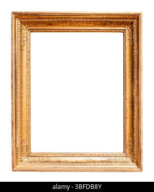 old vertical golden wooden picture frame cutout on white background Stock Photo