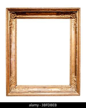 ancient vertical golden wooden picture frame cutout on white background Stock Photo