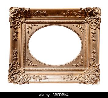 old horizontal very wide painting frame with oval canvas cutout on white background Stock Photo