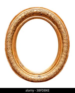 old vertical wide oval golden picture frame cutout on white background Stock Photo