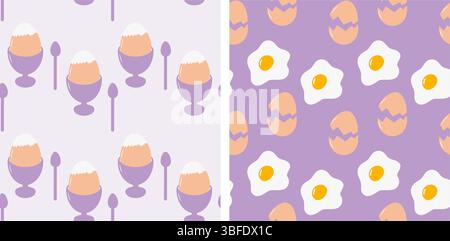 Boiled egg in Egg Bow and Fried eggs with cracked Eggshell Seamless Pattern Breakfast Backdrop Set. Isolated Vector illustration Food Poster Background Greeting Thematic cards, banners, leaflets, tag Stock Vector