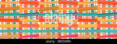 Bright and cheerful summer-inspired seamless pattern featuring playful woven stripes in vibrant colors. This energetic design combines coral, yellow, Stock Vector