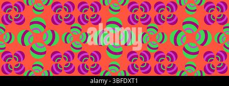 Bold and energetic summer pattern featuring vibrant geometric spheres with concentric curved stripes against a bright coral background. The eye-catchi Stock Vector