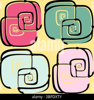Vibrant retro-style seamless pattern featuring organic geometric shapes with swirling spiral elements in pastel colors. Perfect for spring and summer Stock Vector