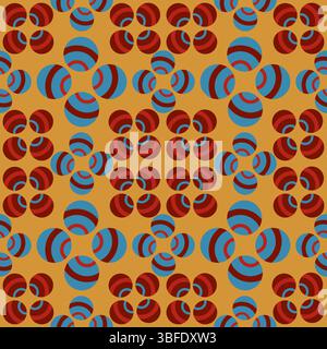 Sophisticated winter-themed seamless pattern featuring stylish geometric spheres with concentric curved stripes. The rich golden amber background beau Stock Vector