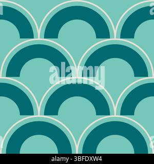 Fresh and serene seamless pattern featuring deep teal arches arranged in a scallop layout on a soft mint green background with delicate white outlines Stock Vector