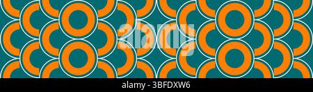 Bold and energetic seamless pattern featuring striking orange circular elements on a deep teal background with white outline accents. This dynamic ret Stock Vector