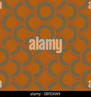 Warm and sophisticated seamless pattern featuring olive green circular elements on a rich orange background with subtle outline details. This vintage- Stock Vector