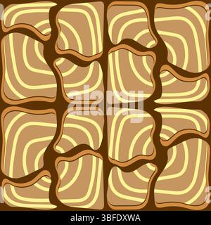 Vintage-inspired seamless pattern featuring flowing organic swirls in warm brown, beige, and cream tones. This groovy retro design evokes autumn warmt Stock Vector