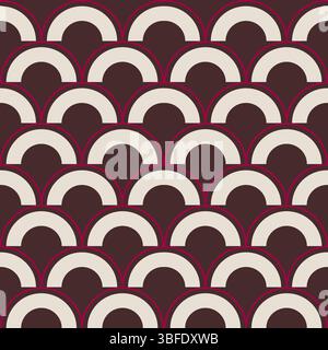 Vintage-inspired seamless pattern featuring cream half-circles arranged in a scalloped layout against a rich dark brown background. Each element is ou Stock Vector
