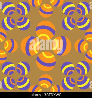 Contemporary seamless pattern featuring colorful geometric spheres with concentric curved stripes. The warm gold background complements the bold orang Stock Vector