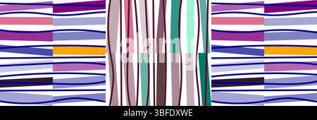 Elegant summer-inspired seamless pattern featuring melodic stripes in cool purple, blue, teal, and pink hues. This sophisticated design combines verti Stock Vector