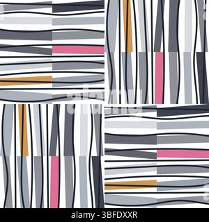 Sophisticated autumn-inspired seamless pattern featuring urban waves in elegant grayscale with strategic pops of pink and gold. This modern design com Stock Vector