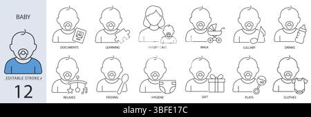 Set of 12 baby icons in minimal black outline style on white background. Editable stroke vector for infant care, parenting, hygiene, feeding Stock Vector