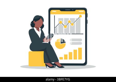 Analytics success strategy woman device finance management analysis growth investment mobile business statistics vector Stock Vector