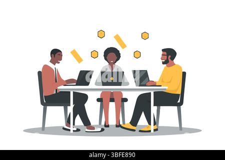 Teamwork Collaboration Diversity Digital Workspace Innovation Project Team Meeting Laptop Technology Happy Employees Stock Vector