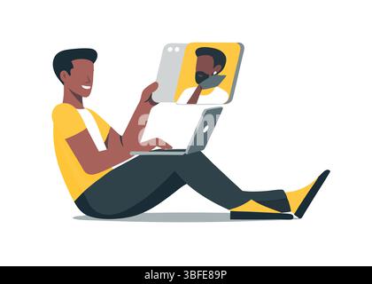 Connecting Across the Distance Black Man Video Calling Friend While Working on Laptop Virtual Communication Online Stock Vector
