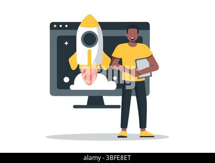 Startup Launch Illustration Man with Tablet Rocket on Computer Screen Digital Business Technology Entrepreneurship Stock Vector