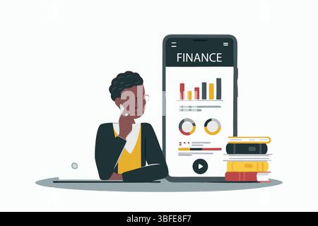 Analyzing Finance App Cartoon Illustration of a Man Reviewing Financial Data on His Mobile Surrounded by Books and Stock Vector