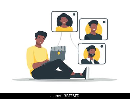 Virtual Meeting Illustration Man with Laptop Connecting to Video Call with Diverse Friends Remote Work Online Community Stock Vector