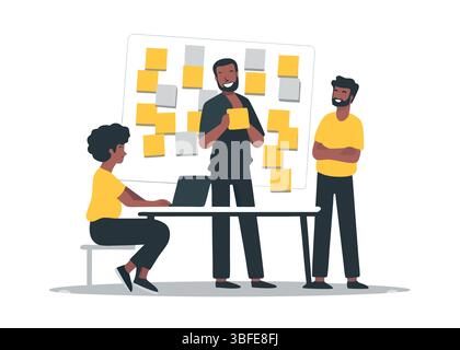 Strategic planning meeting collaborative teamwork brainstorm diverse group sticky notes agile workflow project goals Stock Vector