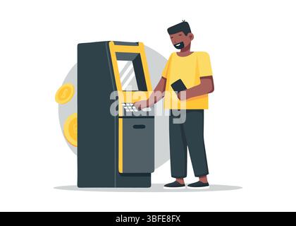 Man Using ATM Machine Illustration Money Finance Transaction Banking Mobile Payment Contactless Withdrawals Financial Stock Vector