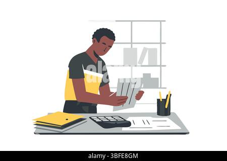 Focused Man Analyzing Financial Documents at Desk Accounting Office Work Taxes Bookkeeping Business Papers Calculating Stock Vector