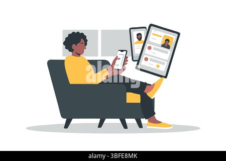 Woman Relaxing with Technology at Home Tablet Smartphone Apps and Lifestyle in Comfortable Armchair Digital World Stock Vector