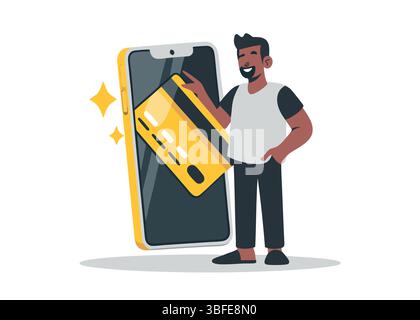 Happy Man Shows Credit Card with Mobile Shopping and Easy Payment Contactless Transaction and Secure Online Banking Stock Vector