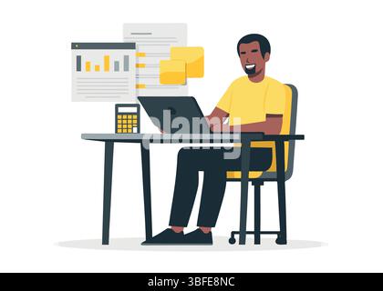 Smiling Man Working on Laptop at Desk with Charts Calculator and Documents Business Finance Data Productivity Technology Stock Vector
