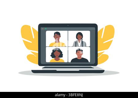 Virtual Meeting Illustration Online Collaboration Teamwork Connection Remote Work Teleconference Web Conferencing Laptop Stock Vector