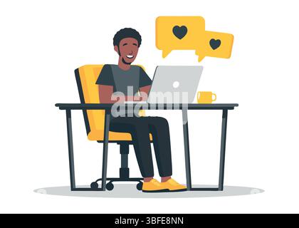 Happy Man Working from Home Office with Laptop Computer and Online Social Media Likes and Hearts Digital Technology Stock Vector