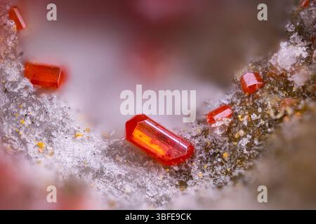 Red realgar crystals. Specimen from Solfatara di Pozzuoli, Phlegrean Fields, Naples Province, Campania, Italy. Micro photography extreme close-up. mic Stock Photo