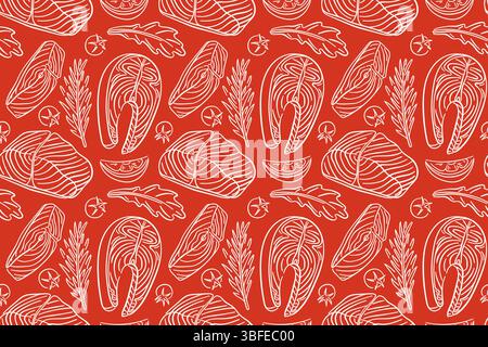 Seamless pattern with Salmon steak, herbs, vegetable in line art style on a red background. Tomato, slices of lemon, rosemary, arugula. Red fish Stock Vector