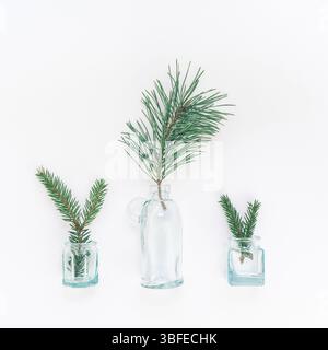 New Year or Christmas composition flat lay top view Xmas holiday celebration handmade handicraft small glass bottles with fir tree pine branches white Stock Photo