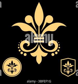 Gold royal lily on a black background. Heraldic sign, logo Stock Vector
