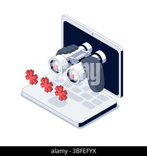 Scammer is watching the password. Binoculars appear from the screen. Keylogger spyware monitors user keystrokes to steal passwords. Malicious software Stock Vector