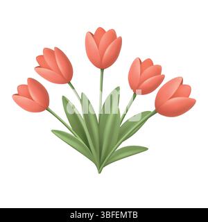 Vector 3d Tulip Clipart. Tulip Flower, Tulip Bouquet. Red Tulips with Green Leaves for Spring Design, Floral Poster, Wedding Card, Mothers Day Graphic Stock Vector