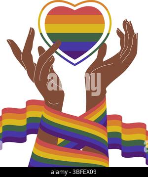 Hands holding heart lgbt sticker. Take care love concept, supporting LGBTQ community. Icon, sticker template with heart simple style Stock Vector